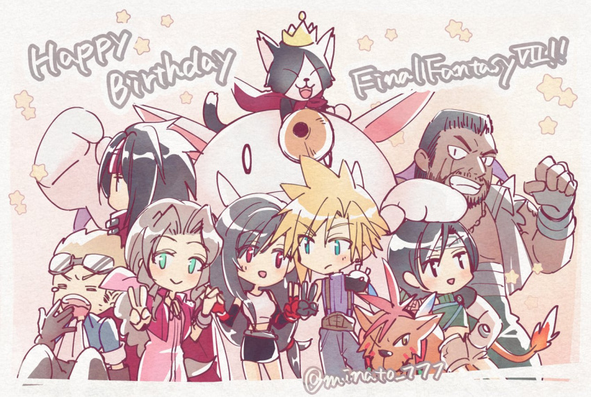 3girls 5boys aerith_gainsborough armor barret_wallace black_gloves black_hair black_skirt blonde_hair blue_eyes blue_sweater brown_hair cait_sith_(ff7) chibi cid_highwind closed_mouth cloud_strife copyright_name crop_top dark-skinned_male dark_skin facial_hair final_fantasy final_fantasy_vii fingerless_gloves flame-tipped_tail gloves goggles goggles_on_head green_eyes green_sweater hair_ribbon happy_birthday headband holding_hands light_blush long_hair looking_at_another looking_at_viewer minato_(ct_777) moogle multiple_boys multiple_girls open_mouth parted_bangs pink_ribbon red_eyes red_gloves red_headband red_xiii ribbon short_hair shoulder_armor skirt spiky_hair star_(symbol) suspender_skirt suspenders sweater swept_bangs tank_top tifa_lockhart turtleneck turtleneck_sweater twitter_username v vincent_valentine white_tank_top yawning yuffie_kisaragi