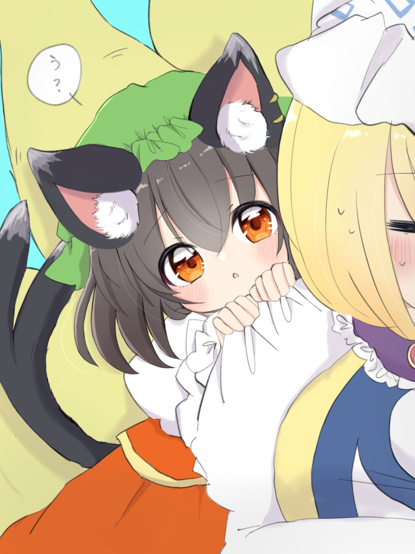2girls :o animal_ear_fluff animal_ears blonde_hair blush breasts brown_eyes brown_hair cat_ears cat_tail chen closed_eyes commentary_request dress forked_tail fox_tail frills grabbing_another's_shoulder green_headwear hair_between_eyes hat highres large_breasts looking_at_viewer medium_hair mob_cap multiple_girls multiple_tails nekomata ol07469724 open_mouth red_dress solo_focus sweat tail touhou upper_body yakumo_ran