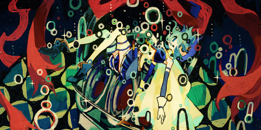 1girl abstract_background absurdres asterfield_(meiar) bare_shoulders blue_eyes blue_footwear blue_hair blue_skirt boots bubble cape detached_sleeves floating floating_hair gloves hair_ornament highres magical_girl mahou_shoujo_madoka_magica mahou_shoujo_madoka_magica_(anime) miki_sayaka musical_note musical_note_hair_ornament open_mouth pleated_skirt short_hair skirt solo sparkle sword thigh-highs weapon white_gloves