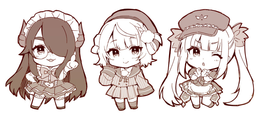 3girls :3 ;o apron beret blunt_bangs blush bow bowtie braid buttons cabbie_hat chibi clenched_hands closed_jacket closed_mouth clothing_cutout collared_shirt demon_horns double-breasted dress eyelashes freckles french_braid full_body glasses gloves greyscale hair_ornament hair_over_one_eye hair_rings hand_on_own_hip hand_up hands_up hat hatching_(texture) highres horns indie_virtual_youtuber itou_life_(vtuber) kagura_gumi kagura_mea legs_apart linear_hatching long_bangs long_hair long_sleeves looking_at_viewer maid maid_headdress monochrome multiple_girls navel_cutout neck_ribbon one_eye_closed one_eye_covered open_mouth own_hands_together pinstripe_jacket pinstripe_pattern pinstripe_skirt pleated_skirt pointing pointing_at_viewer pom_pom_(clothes) pom_pom_hair_ornament puffy_short_sleeves puffy_sleeves ribbon round_eyewear shigure_ui_(vtuber) shigure_ui_(vtuber)_(1st_costume) shirt shoes short_sleeves side-by-side side_braid sidelocks simple_background sketch skirt skirt_set sleeves_past_fingers sleeves_past_wrists smile standing straight-on swept_bangs thick_eyebrows thigh-highs tsukudani_norio twintails virtual_youtuber w_arms waist_apron white_background x_navel