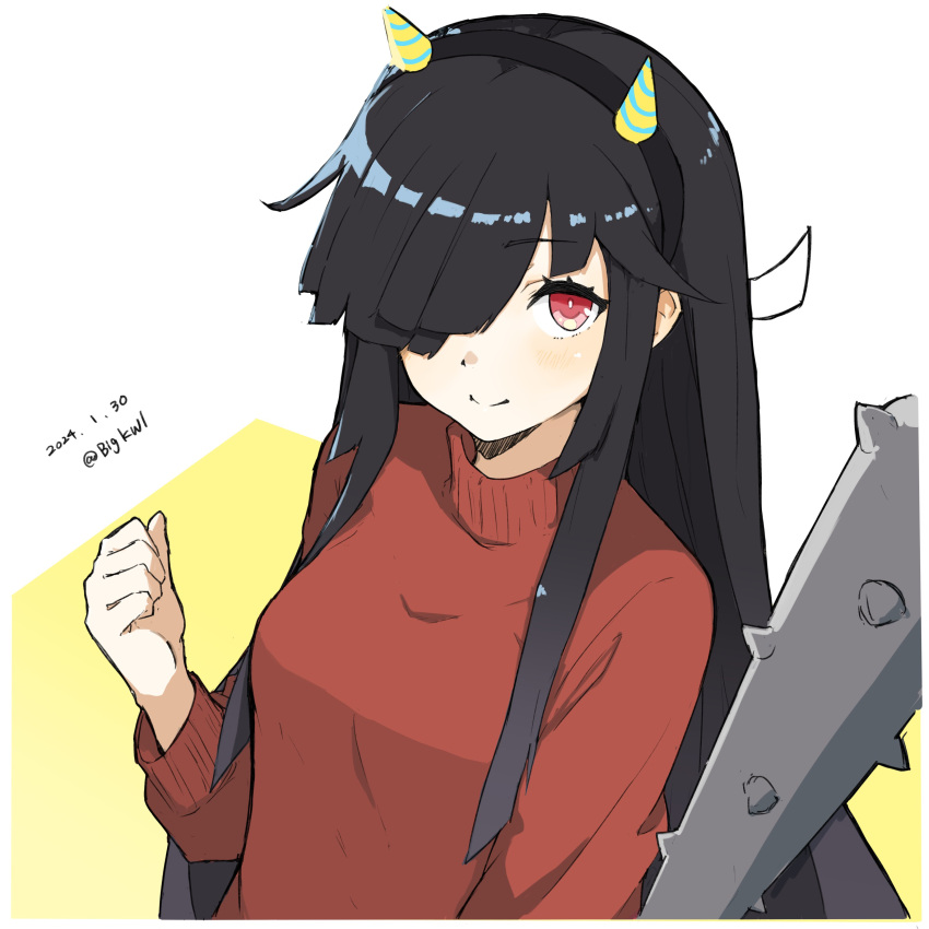 1girl absurdres bigkwl black_hair closed_eyes club_(weapon) cone_horns hair_over_one_eye hair_ribbon hayashimo_(kancolle) highres horns kanabou kantai_collection long_hair official_alternate_costume one-hour_drawing_challenge red_eyes red_sweater ribbon solo spiked_club sweater twitter_username weapon