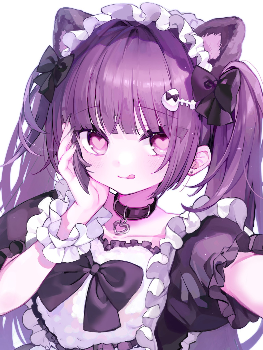 1girl :d animal_ear_fluff animal_ears apron black_bow black_collar bow collar collarbone dress earrings fish_skeleton_hair_ornament frilled_dress frilled_wrist_cuffs frills hair_bow hand_on_own_cheek hand_on_own_face heart heart-shaped_pupils heart_collar highres jewelry kurage_09222 light_blush looking_at_viewer maid maid_apron maid_headdress original pink_eyes puffy_short_sleeves puffy_sleeves purple_hair short_sleeves sidelocks simple_background smile solo symbol-shaped_pupils tongue twintails white_background wrist_cuffs