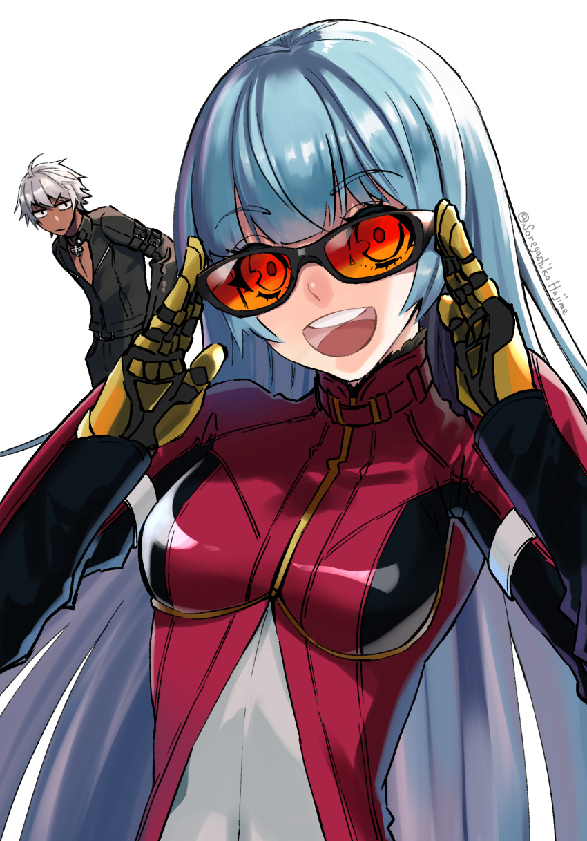 1boy 1girl adjusting_eyewear artist_name blue_hair breasts closed_mouth commentary_request dark-skinned_male dark_skin gloves hands_up highres jacket jewelry k'_(kof) kula_diamond leather leather_jacket long_hair long_sleeves looking_at_viewer necklace nice_hajime open_mouth short_hair signature simple_background small_breasts smile sunglasses teeth the_king_of_fighters the_king_of_fighters_'99 the_king_of_fighters_2000 upper_teeth_only white_background white_hair