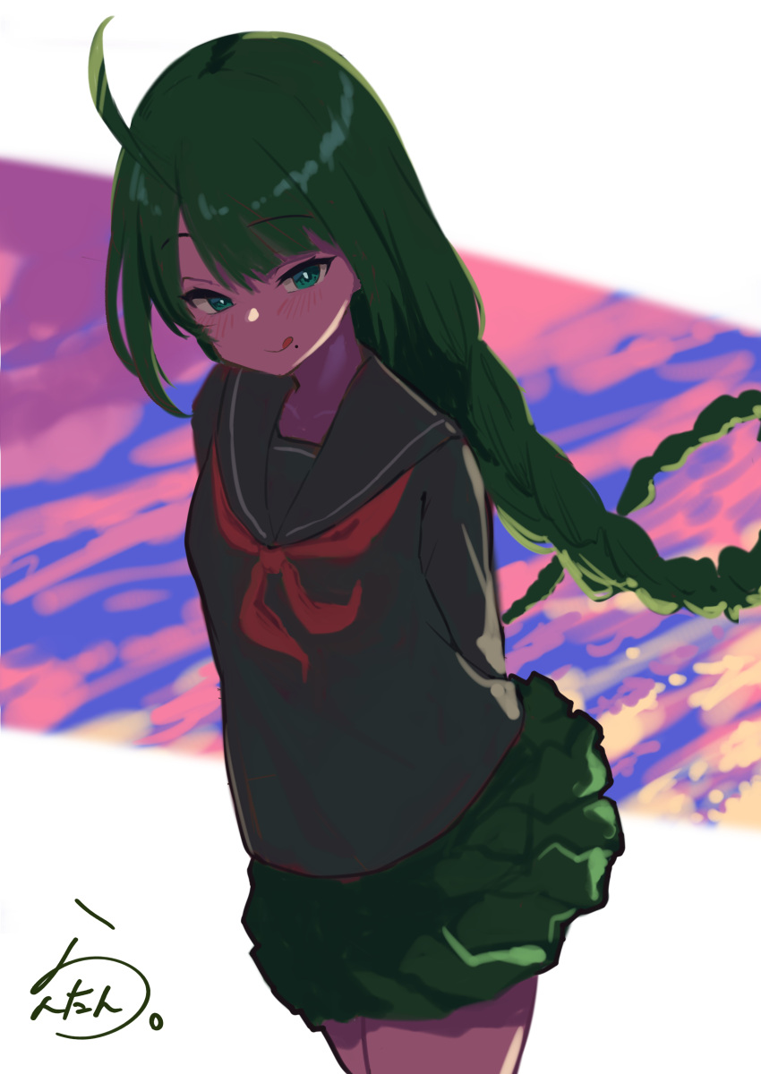 1girl absurdres ahoge alternate_costume arms_behind_back artist_logo braid commentary_request green_eyes green_hair green_sailor_collar green_shirt green_skirt highres kantai_collection lanthan looking_at_viewer mole mole_under_mouth neckerchief one-hour_drawing_challenge pleated_skirt red_neckerchief sailor_collar shirt single_braid skirt solo tongue tongue_out yuugumo_(kancolle)