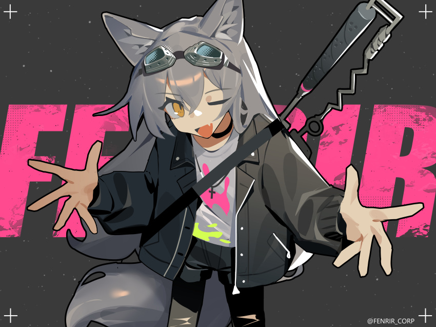 absurdres animal_ears baseball_bat black_thighhighs character_name cowboy_shot english_text fang ghost_(tama) goggles goggles_on_head grey_hair highres jacket leather leather_jacket long_hair one_eye_closed open_mouth original shorts tail thigh-highs wolf_ears wolf_girl wolf_tail yellow_eyes