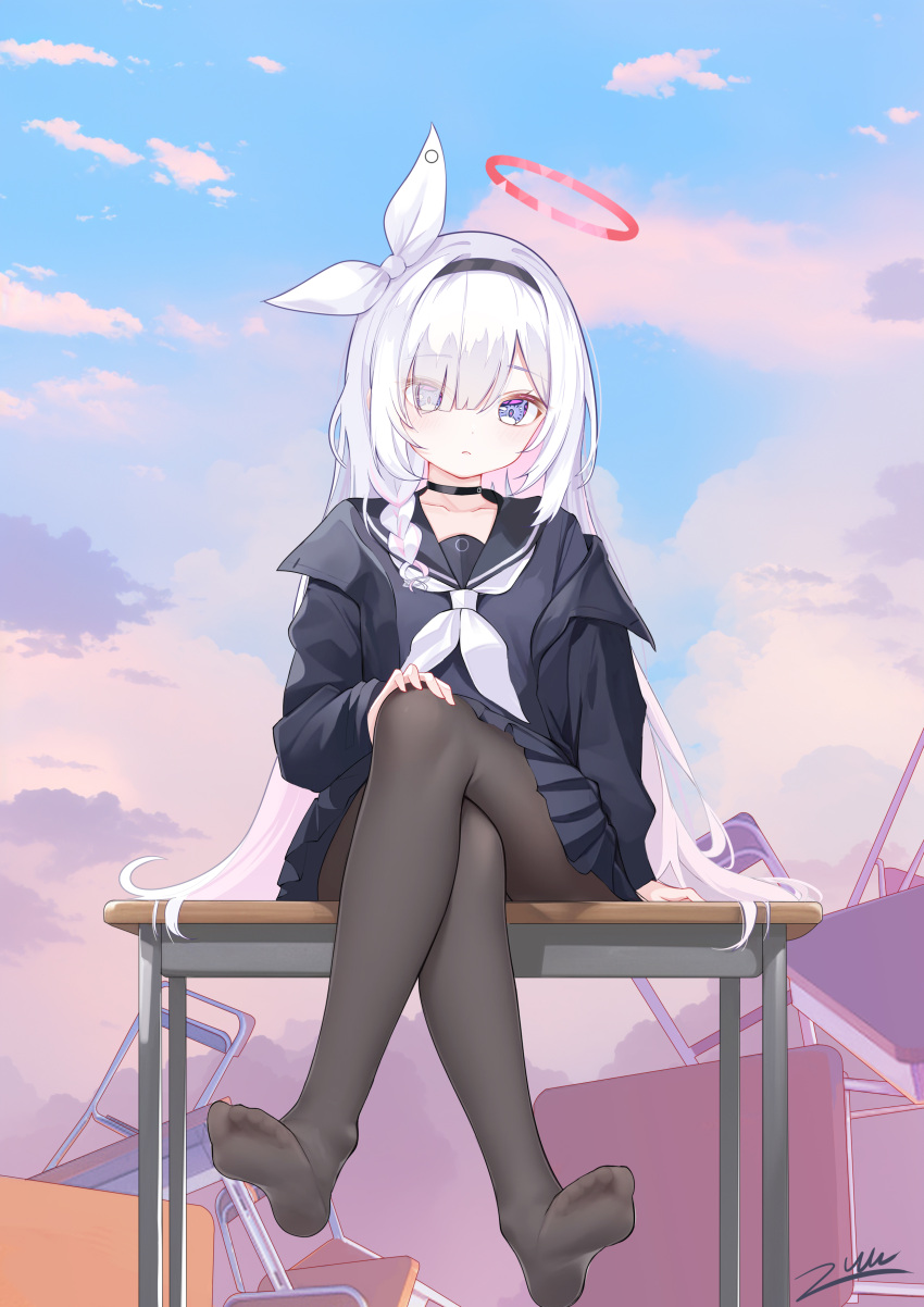 1girl absurdres black_choker black_coat black_hairband black_pantyhose black_sailor_collar black_serafuku black_skirt blue_archive blush chair choker closed_mouth clouds cloudy_sky coat colored_inner_hair desk eyes_visible_through_hair feet grey_eyes hair_over_one_eye hairband halo highres long_hair long_sleeves looking_at_viewer multicolored_hair neckerchief open_clothes open_coat outdoors pantyhose pink_hair plana_(blue_archive) pleated_skirt red_halo sailor_collar school_chair school_desk school_uniform serafuku signature sitting skirt sky solo white_hair white_neckerchief zuu_(qq770463651)