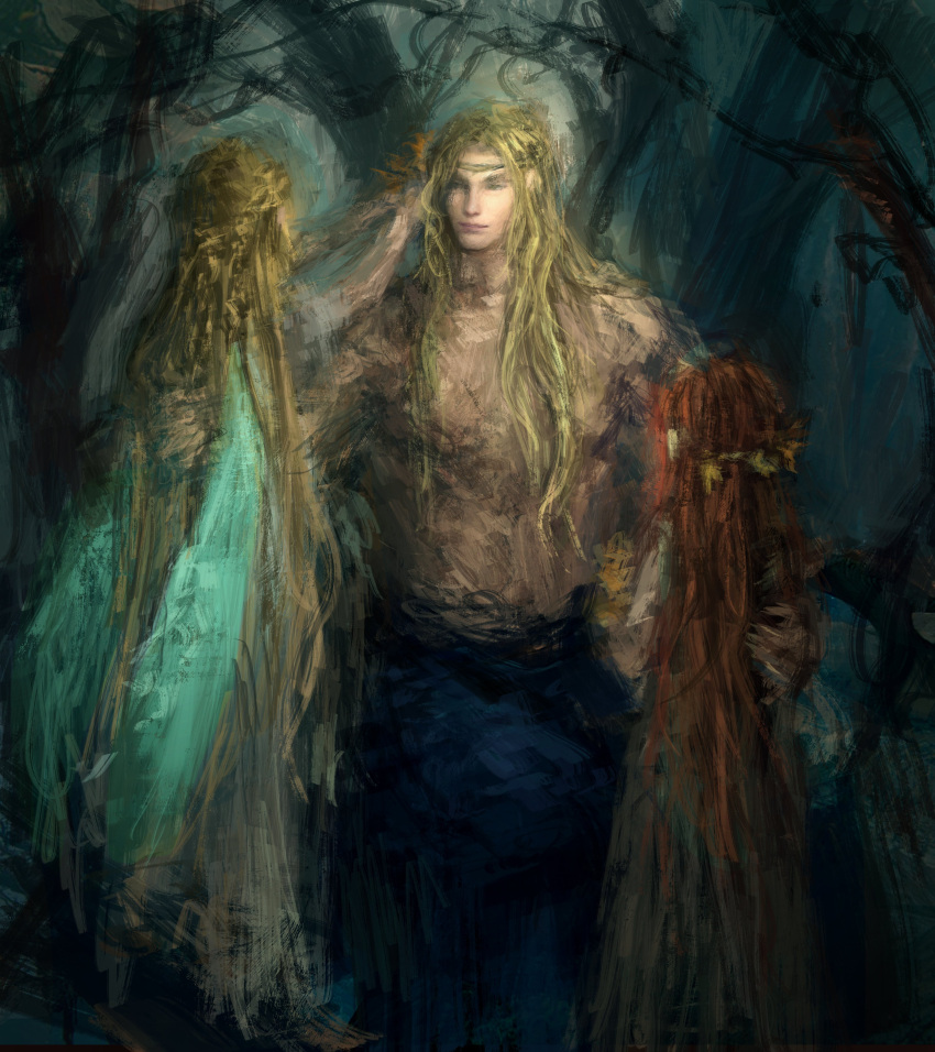 1girl 2boys absurdres aged_down all_lee24 blonde_hair braid dress elden_ring godwyn_the_golden gold_circlet graphite_(medium) half-siblings highres holding jewelry light_smile long_hair malenia_blade_of_miquella miquella_(elden_ring) multiple_boys prince redhead siblings sketch smile topless_male traditional_media white_tunic