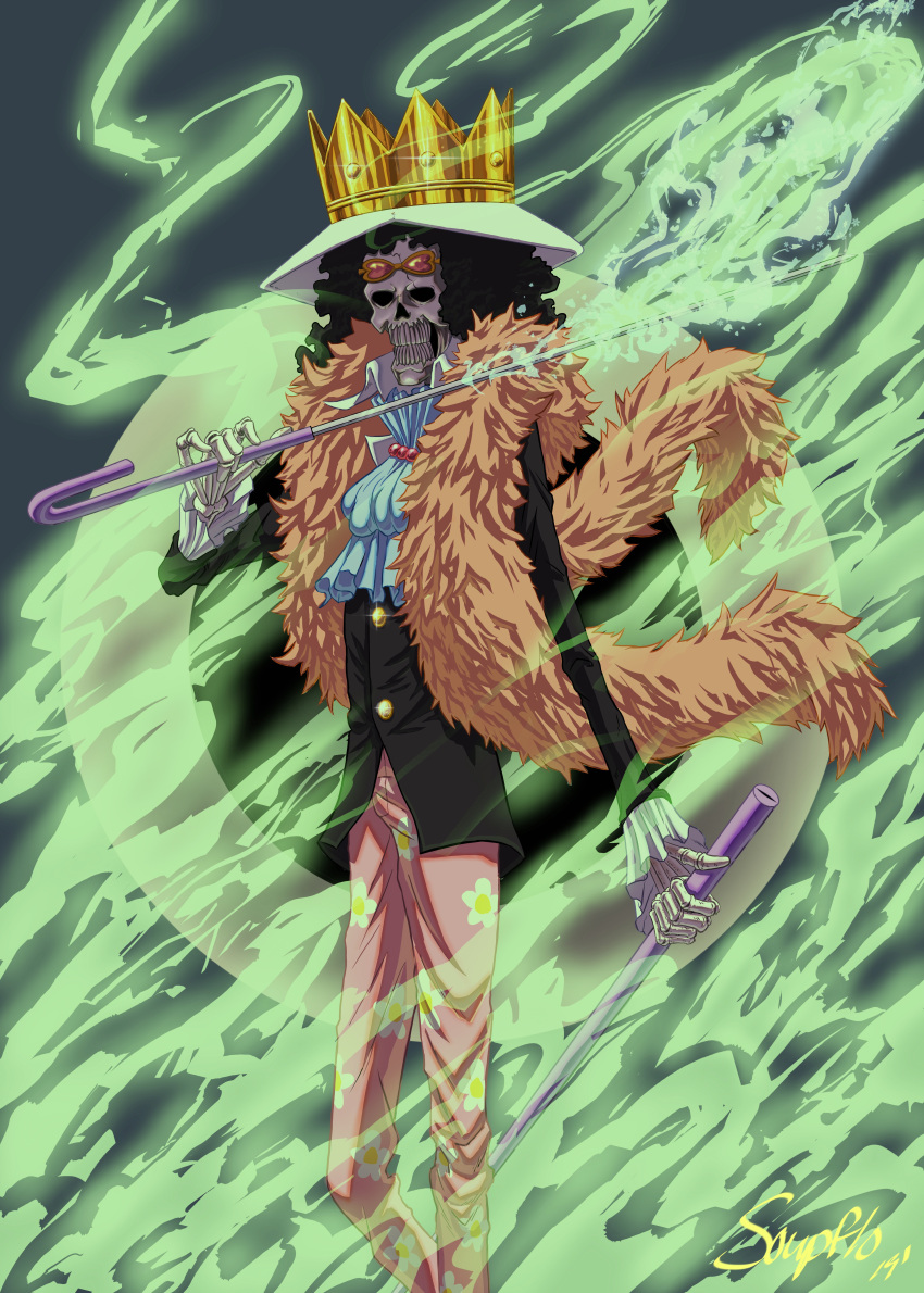 1boy absurdres afro ascot black_hair blue_ascot brook_(one_piece) commentary crown_hat english_commentary eyewear_on_head ghost heart heart-shaped_eyewear highres holding holding_sheath holding_sword holding_weapon jrdncmpb11 long_sleeves male_focus one_piece pink-tinted_eyewear sheath signature skeleton solo standing sunglasses sword tinted_eyewear weapon yellow-framed_eyewear