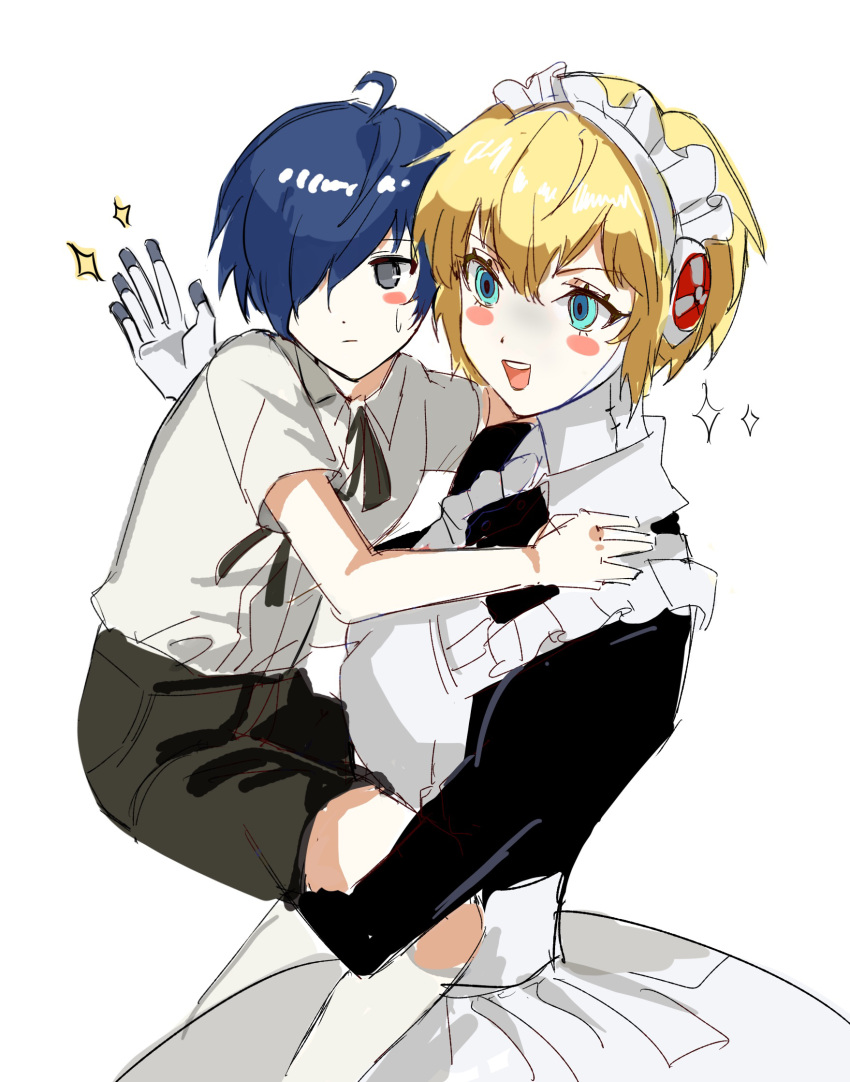 1boy 1girl aegis_(persona) aged_down ahoge alternate_costume apron black_dress black_ribbon black_shorts blonde_hair blue_eyes blue_hair blush_stickers child closed_mouth collared_dress collared_shirt commentary_request dress enmaided frilled_apron frills grey_eyes hair_over_one_eye hand_on_another's_shoulder highres joowon_(jju_oon) kneehighs korean_commentary lifting_person long_sleeves looking_at_viewer maid maid_headdress neck_ribbon open_mouth persona persona_3 ribbon shirt short_hair short_sleeves shorts simple_background smile socks sparkle sweat white_apron white_background white_shirt white_socks wing_collar yuuki_makoto