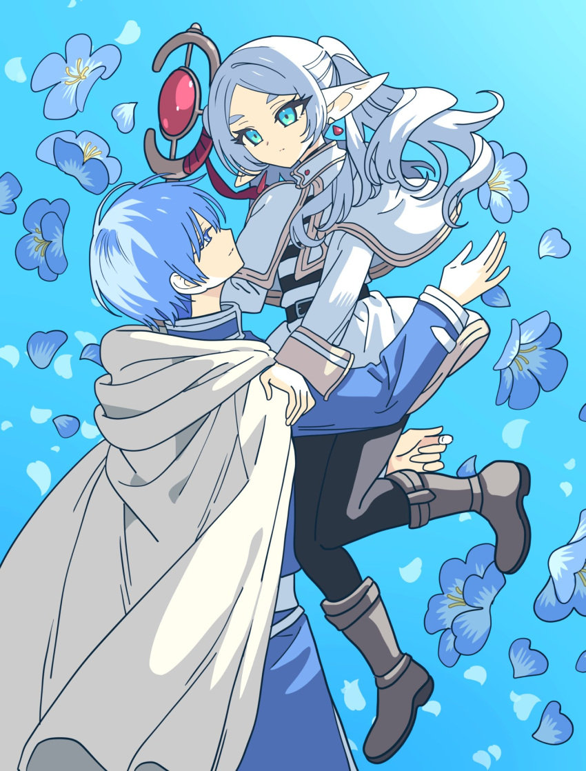1boy 1girl blue_background blue_eyes blue_hair blue_sky blue_tunic boots brown_footwear capelet cloak closed_mouth cowboy_shot earrings elf expressionless floral_background frieren full_body hands_on_another's_shoulders highres himmel_(sousou_no_frieren) jewelry long_hair long_sleeves looking_at_another mage_staff meremero nemophila_(flower) parted_bangs pointy_ears shirt short_hair sky smile sousou_no_frieren striped_clothes striped_shirt twintails white_capelet white_cloak white_hair
