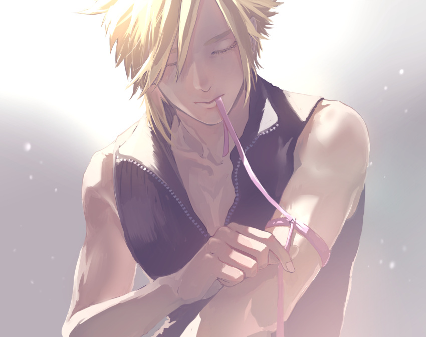 1boy black_shirt blonde_hair closed_eyes closed_mouth cloud_strife colored_eyelashes commentary_request demi_co eyelashes final_fantasy final_fantasy_vii final_fantasy_vii_advent_children highres holding male_focus ribbon shirt short_hair simple_background spiky_hair tying upper_body zipper