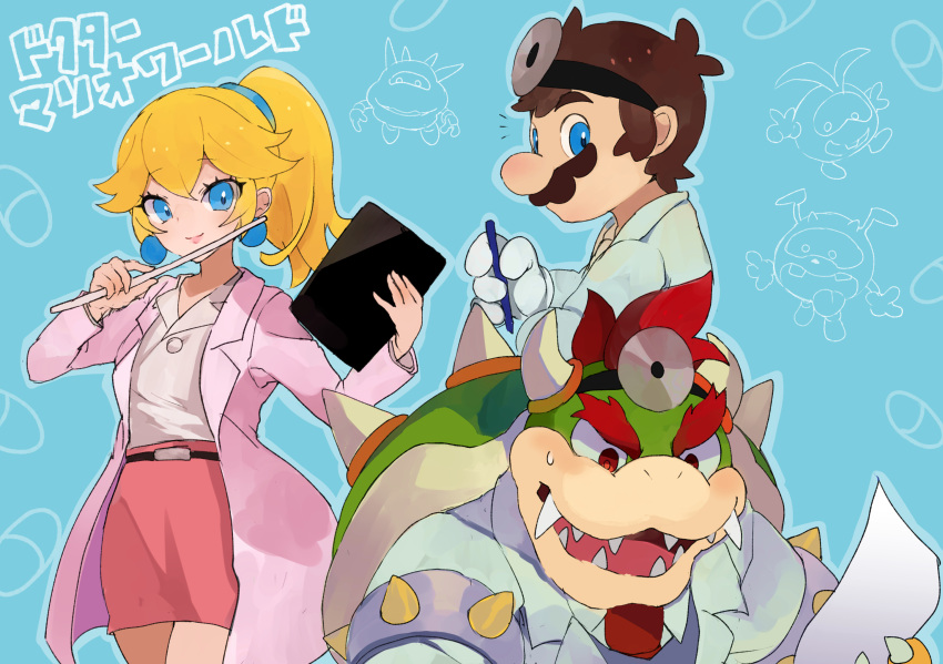 1girl 2boys armlet blonde_hair blue_background blue_eyes bowser brown_hair chill_(dr._mario) contemporary dr._mario dr._mario_(game) earrings facial_hair gloves hairband head_mirror highres holding holding_paper holding_pen horns jacket jewelry long_hair lzesmelt multiple_boys mustache necktie open_mouth paper pen pill pink_jacket pink_skirt pointer ponytail princess_peach red_eyes red_necktie redhead shirt skirt spiked_armlet super_mario_bros. sweatdrop virus_(dr._mario) white_gloves white_shirt