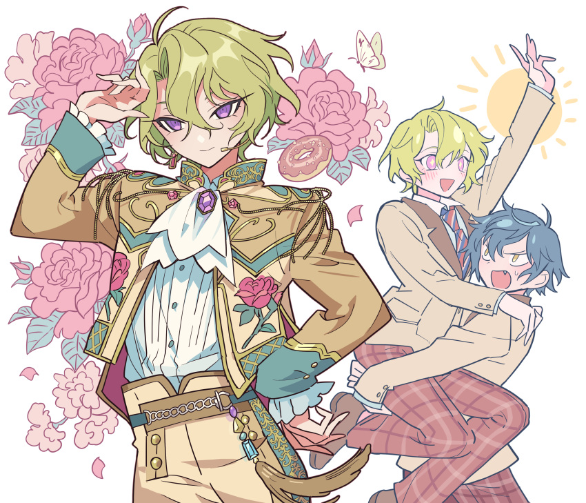 2boys :d absurdres angry arm_up ascot blue_hair brown_jacket brown_pants bug butterfly carrying carrying_person closed_mouth collared_shirt cowboy_shot doughnut ensemble_stars! eve_(ensemble_stars!) fang floral_print flower food gold_trim green_hair hair_between_eyes hand_on_own_hip highres idol_clothes jacket long_sleeves looking_at_another looking_at_viewer male_focus meremero multiple_boys multiple_views open_mouth pants pink_flower pink_rose plaid plaid_pants red_pants reimei_school_uniform rose sazanami_jun school_uniform shirt short_hair smile standing sun tomoe_hiyori violet_eyes wavy_hair white_ascot white_background white_shirt yellow_eyes