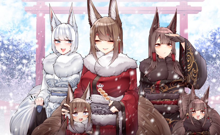 +_+ 5girls :d absurdres akagi-chan_(azur_lane) akagi_(azur_lane) amagi-chan_(azur_lane) amagi_(azur_lane) animal_ears azur_lane bell black_kimono blue_eyes blush breasts brown_hair brown_kimono closed_eyes dango day excited expressionless eyeshadow facing_viewer food fox_ears fox_girl fox_tail hair_bell hair_ornament hair_over_one_eye hairclip hairpin hand_on_another's_head hand_up happy highres japanese_clothes kaga_(azur_lane) kimono kitsune large_breasts long_hair looking_at_another makeup multiple_girls multiple_tails orange_eyes outdoors print_kimono red_eyes red_eyeshadow red_kimono samip slit_pupils smile snow snowing tail teeth upper_body upper_teeth_only very_long_hair violet_eyes wagashi white_hair white_kimono