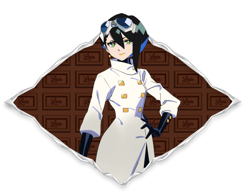 1girl ado_(utaite) alpha_transparency black_gloves black_hair chocolat_cadabra_(ado) closed_mouth cloud_nine_inc coat earrings gloves goggles goggles_on_head green_eyes hair_between_eyes hand_on_own_hip heart heart_earrings jewelry looking_at_viewer lotte_(company) official_art short_hair single_sidelock solo sugar_(chocolat_cadabra) turtleneck white_coat