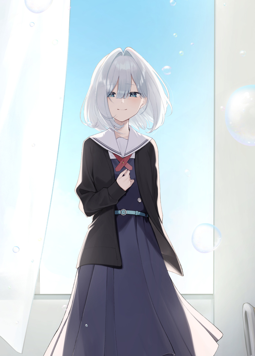 1girl arm_behind_back black_cardigan blue_dress blue_eyes bubble cardigan chair classroom closed_mouth commentary_request curtains dress hair_between_eyes hair_intakes hair_ribbon highres hoshikawa_shizuku indoors kimi_to_tsuzuru_utakata long_sleeves looking_at_viewer official_art open_cardigan open_clothes pinafore_dress red_ribbon ribbon sailor_collar school school_chair school_uniform short_hair sky sleeveless sleeveless_dress smile solo standing white_hair white_sailor_collar window yuama_(drop)