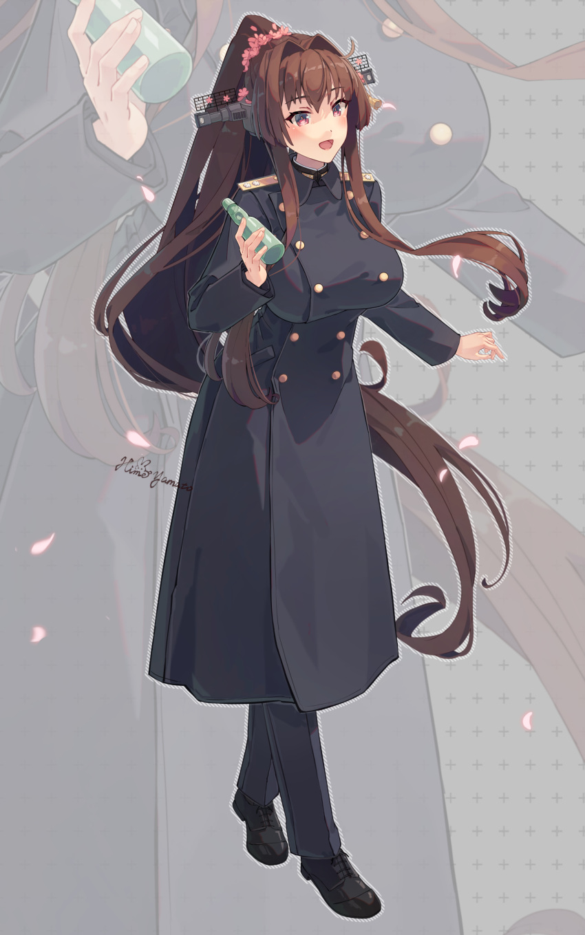 1girl alternate_costume black_coat black_footwear blush bottle breasts brown_hair coat crossed_legs double-blade full_body hair_intakes headgear highres himeyamato holding holding_bottle kantai_collection large_breasts long_hair looking_at_viewer military_uniform open_mouth ponytail sidelocks smile taut_clothes trench_coat uniform very_long_hair violet_eyes watson_cross yamato_(kancolle)