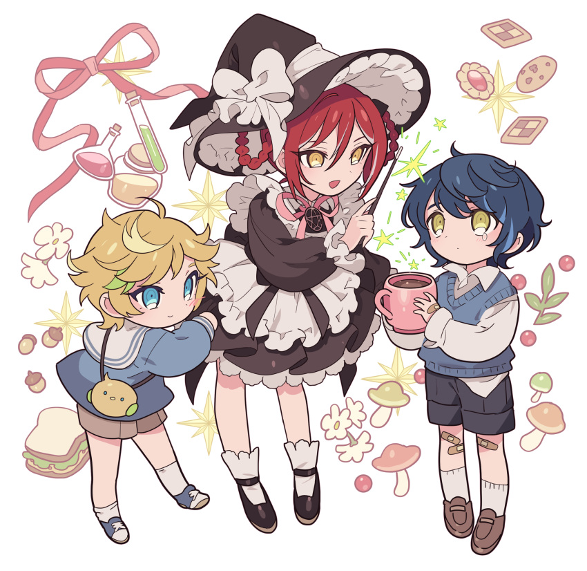 3boys aged_down animal_bag aoba_tsumugi apron bag bandaid bandaid_on_knee bandaid_on_leg berry black_dress black_footwear black_headwear black_shorts blonde_hair blue_eyes blue_hair blue_shirt blue_vest braided_hair_rings brown_footwear checkerboard_cookie chocolate_chip_cookie collared_shirt cookie crossdressing cup dress ensemble_stars! flask food frilled_apron frills full_body hair_between_eyes harukawa_sora hat highres holding holding_cup holding_wand leaning_forward loafers long_sleeves looking_at_another magic male_focus mary_janes meremero mug multiple_boys mushroom open_mouth pink_ribbon puffy_long_sleeves puffy_sleeves red_ribbon redhead ribbon sakasaki_natsume sandwich shirt shoes short_hair shorts smile socks standing switch_(ensemble_stars!) vest wand white_apron white_background white_shirt white_socks witch witch_hat yellow_eyes