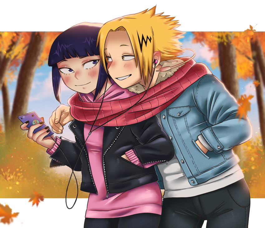 1boy 1girl audio_jack autumn_leaves black_jacket black_pants blue_jacket blue_sky blunt_bangs blush boku_no_hero_academia buttons cellphone closed_mouth clouds earphones earphones forest grin hand_in_pocket highres holding holding_phone hood hood_down hooded_jacket jacket jirou_kyouka kaminari_denki leaf letterboxed lyneriii multicolored_hair nature open_clothes open_mouth outdoors outside_border pants parted_bangs phone pink_shirt purple_hair red_scarf scarf shirt short_hair sky smile streaked_hair tree unzipped violet_eyes white_shirt yellow_eyes zipper zipper_pull_tab