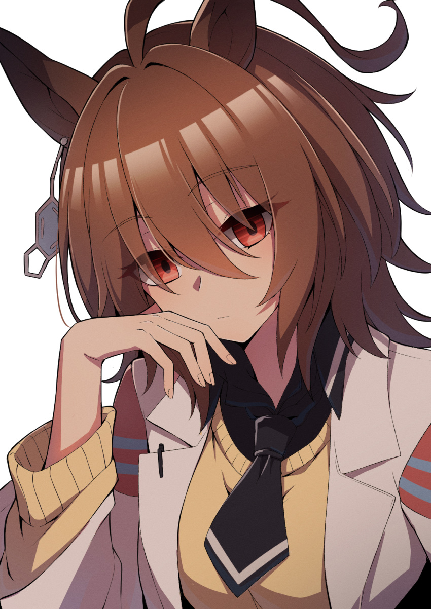 1girl agnes_tachyon_(umamusume) ahoge animal_ears black_necktie brown_hair chemical_structure coat collared_shirt commentary_request earrings finger_to_own_chin hair_between_eyes highres horse_ears horse_girl jewelry lab_coat long_sleeves messy_hair necktie open_clothes open_coat parted_lips partial_commentary red_eyes ruisuke shirt short_hair simple_background single_earring solo sweater_vest umamusume upper_body white_background white_coat yellow_sweater_vest