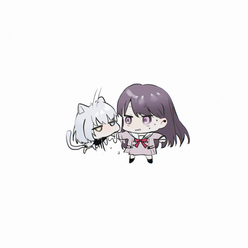 2girls animal_ears bang_dream! bang_dream!_it's_mygo!!!!! biting biting_another's_hand blue_eyes brown_dress cat_ears cat_girl cat_tail chibi commentary dress film_grain grey_hair hanasakigawa_school_uniform hashtag_only_commentary heterochromia highres jitome kaname_raana long_hair long_sleeves looking_at_another mole mole_under_eye multiple_girls neck_ribbon nervous_sweating purple_hair qing_yan_xia red_ribbon ribbon sailor_collar sailor_dress school_uniform shiina_taki short_hair sweat tail very_long_hair violet_eyes white_sailor_collar yellow_eyes