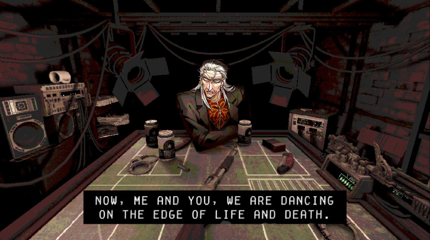 1boy akagi:_yami_ni_oritatta_tensai amplifier beer_can black_coat brick_wall buckshot_roulette can chinese_commentary clenched_teeth coat commentary_request drink_can english_text fukumoto_mahjong game_screenshot_background grey_hair gun hair_slicked_back highres houlong_siche indoors long_hair long_sleeves looking_at_viewer male_focus old old_man red_shirt shirt shotgun solo spotlight table teeth upper_body washizu_iwao weapon wrinkled_skin