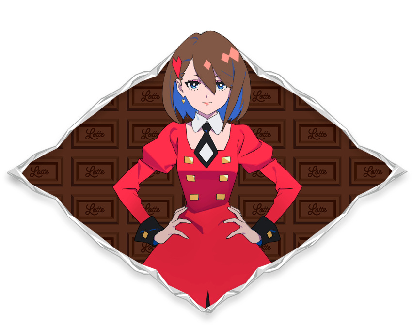 1girl ado_(utaite) alpha_transparency black_necktie blue_eyes blue_hair brown_hair cacao_(chocolat_cadabra) chocolat_cadabra_(ado) closed_mouth cloud_nine_inc collared_dress colored_inner_hair dress earrings hair_between_eyes hair_ornament hands_on_own_hips heart heart_earrings heart_hair_ornament jewelry juliet_sleeves long_sleeves looking_at_viewer lotte_(company) multicolored_hair necktie official_art puffy_sleeves red_dress short_necktie solo two-tone_hair