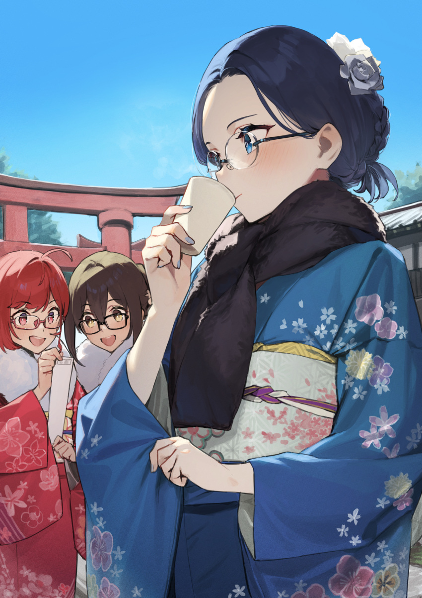 3girls 92m :d absurdres amazake_(drink) black-framed_eyewear black_hair black_scarf blue_eyes blue_hair blue_kimono blue_sky commentary_request cup dateko drinking floral_print flower fur-trimmed_kimono fur_trim glasses hair_flower hair_ornament highres holding holding_cup japanese_clothes kakita_(92m) kimono kinshi_no_ane multiple_girls open_mouth original outdoors red-framed_eyewear red_eyes red_kimono redhead scarf sky smile yellow_eyes