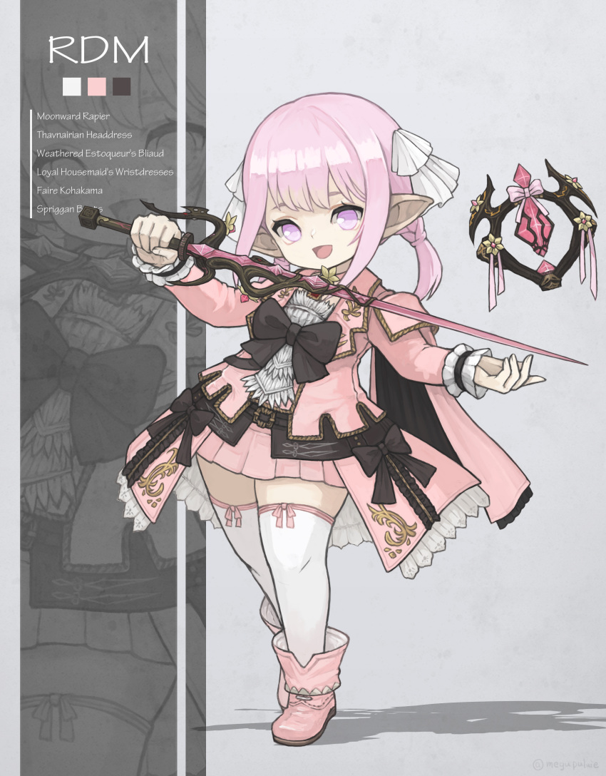 1girl absurdres ascot black_ribbon boots cape english_text final_fantasy final_fantasy_xiv flat_chest full_body highres holding holding_weapon jacket lalafell long_bangs multiple_views open_mouth pink_cape pink_footwear pink_hair pink_jacket pointy_ears puluie rapier red_mage ribbon scrunchie simple_background smile sword thigh-highs twintails warrior_of_light_(ff14) weapon white_ascot white_thighhighs wrist_scrunchie