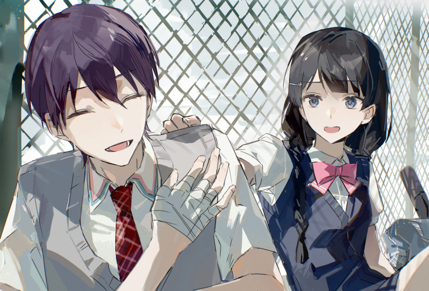 1boy 1girl backpack bag bandaged_hand bandages black_hair blue_eyes blue_sweater_vest bow bowtie braid chain-link_fence collared_shirt commentary dress_shirt fence grey_sweater_vest hair_ornament hairclip hand_on_another's_shoulder highres kenmochi_touya kenmochi_touya_(1st_costume) knees_up long_hair lower_teeth_only necktie nijisanji open_mouth pink_bow pink_bowtie purple_hair qing_yan_xia red_necktie school school_uniform shirt short_hair short_sleeves sitting sweater_vest symbol-only_commentary teeth tsukino_mito tsukino_mito_(3rd_costume) twin_braids unworn_backpack unworn_bag virtual_youtuber white_shirt
