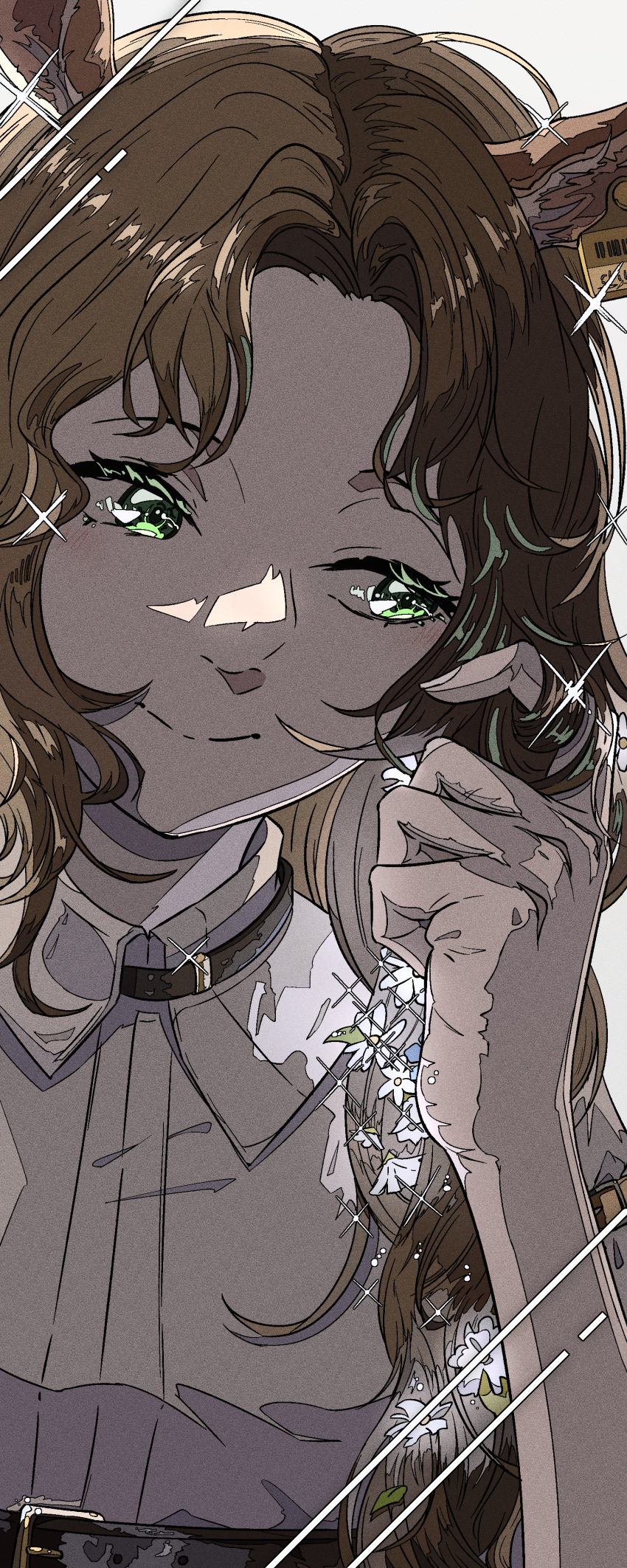 1girl absurdres animal_ears brown_hair closed_mouth collared_shirt deer_ears deer_girl ear_tag facing_viewer flower green_eyes hair_flower hair_ornament hair_over_shoulder hand_up highres holding holding_hair jessica_(reverse:1999) long_hair looking_to_the_side natsugu72 portrait reverse:1999 shirt smile solo sparkle white_background white_flower white_shirt