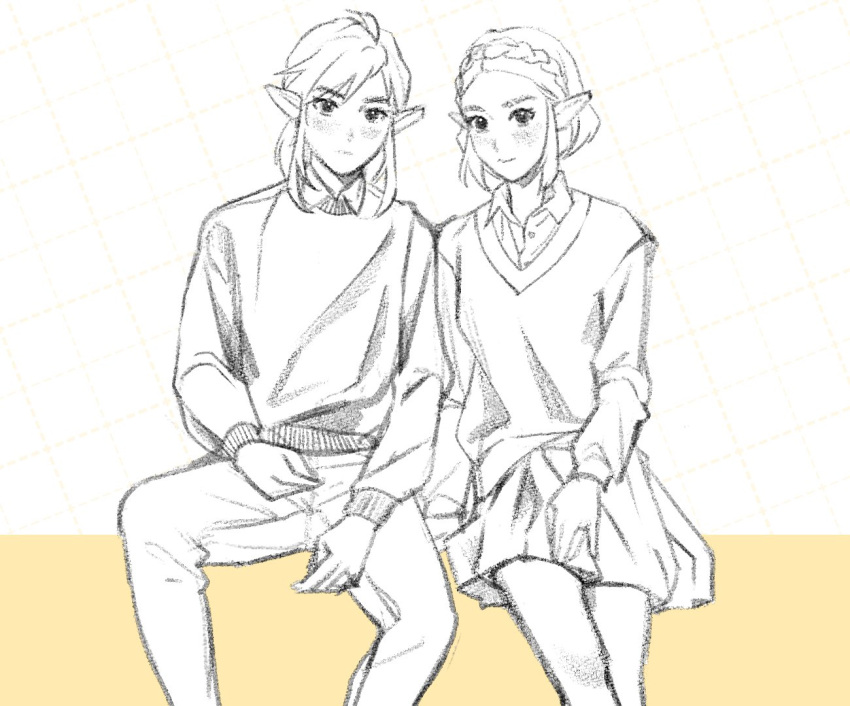 1boy 1girl alternate_costume collared_shirt contemporary expressionless link looking_at_viewer pointy_ears princess_zelda school_uniform shirt short_hair sitting skirt smile soom_s00m sweater the_legend_of_zelda