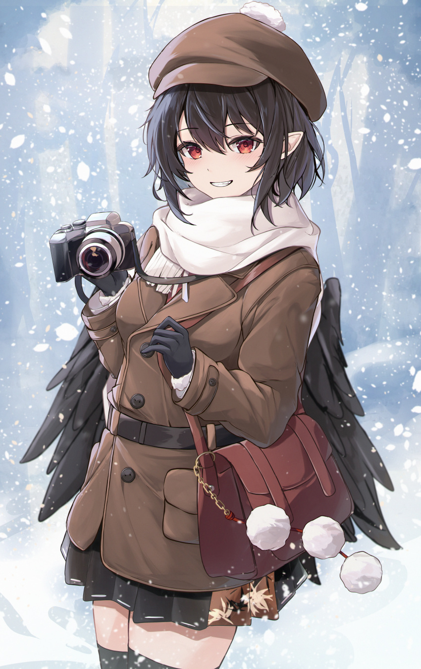 1girl absurdres bag bird_wings black_gloves black_hair black_skirt black_thighhighs black_wings blush brown_coat brown_headwear buttons cabbie_hat camera coat cowboy_shot feathered_wings fringe_trim gloves grin hat highres holding holding_camera long_sleeves looking_at_viewer orchid_(orukido) pleated_skirt pointy_ears pom_pom_(clothes) red_eyes scarf shameimaru_aya short_hair shoulder_bag skirt smile snow snowing solo thigh-highs touhou white_scarf wings
