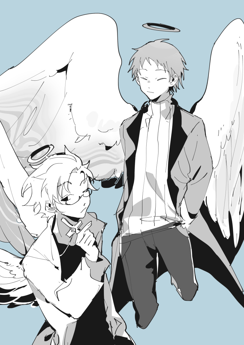 2boys absurdres angel angel_wings atou_haruki blue_background chinese_commentary closed_eyes closed_mouth coat commentary_request cross feathered_wings glasses greyscale_with_colored_background halo highres holding holding_cross kanou_aogu long_sleeves male_focus multiple_boys open_clothes open_coat pants ribbed_sweater saibou_shinkyoku semi-rimless_eyewear shirt short_hair simple_background sweater turtleneck turtleneck_sweater wings xiao228