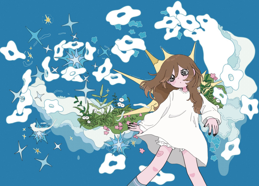 1girl black_nails blue_background brown_hair closed_mouth clouds expressionless flower grass heart heart_tattoo highres leg_tattoo long_hair meitooso o_o original pink_flower shirt sidelocks simple_background solo sparkle star_(symbol) tattoo white_flower white_shirt