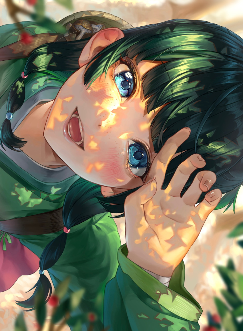 1girl bandages basket beads blue_eyes chinese_clothes freckles green_hair hair_beads hair_ornament hair_over_shoulder hand_on_own_head hanfu highres kusuriya_no_hitorigoto leaf looking_at_viewer looking_up maomao_(kusuriya_no_hitorigoto) mushroom open_mouth pink_skirt rearea_7777 skirt smile solo solo_focus sun sunlight