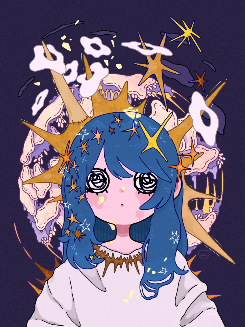 1girl blue_hair blush_stickers expressionless gold_necklace hair_ornament highres jewelry long_hair meitooso necklace o_o original purple_background shirt sidelocks simple_background solo sparkle star_(symbol) star_hair_ornament upper_body white_shirt