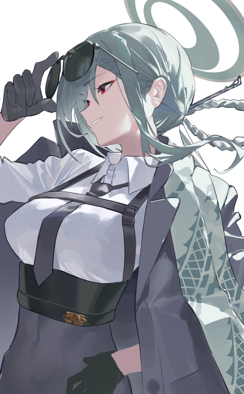 1girl absurdres adjusting_eyewear black_gloves black_necktie blue_archive braided_hair_rings breasts chest_harness collared_shirt covered_navel dragon_print gloves green_hair grin hair_ornament hairpin halo harness highres jacket jacket_on_shoulders jaws_(okdol0928) medium_hair mina_(blue_archive) necktie red_eyes shirt short_sleeves single_hair_ring smile solo sunglasses underbust upper_body