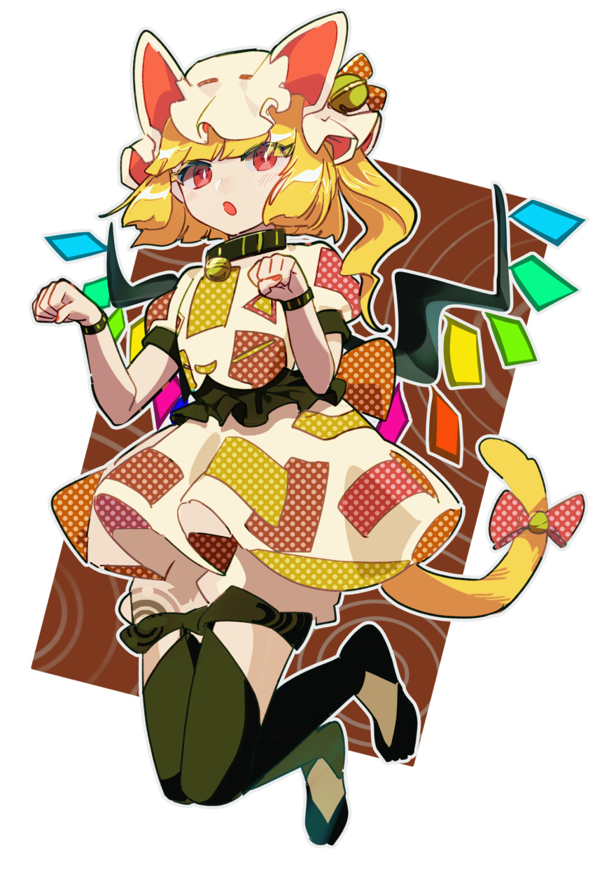 animal_ears bell black_footwear black_thighhighs blonde_hair bloomers cat_ears cat_tail chamaruk cosplay crystal flandre_scarlet full_body goutokuji_mike goutokuji_mike_(cosplay) hat highres mob_cap multicolored_clothes multicolored_shirt multicolored_skirt neck_bell one_side_up patchwork_clothes paw_pose red_eyes side_ponytail skirt skirt_set tail thigh-highs touhou white_headwear wings yellow_tail