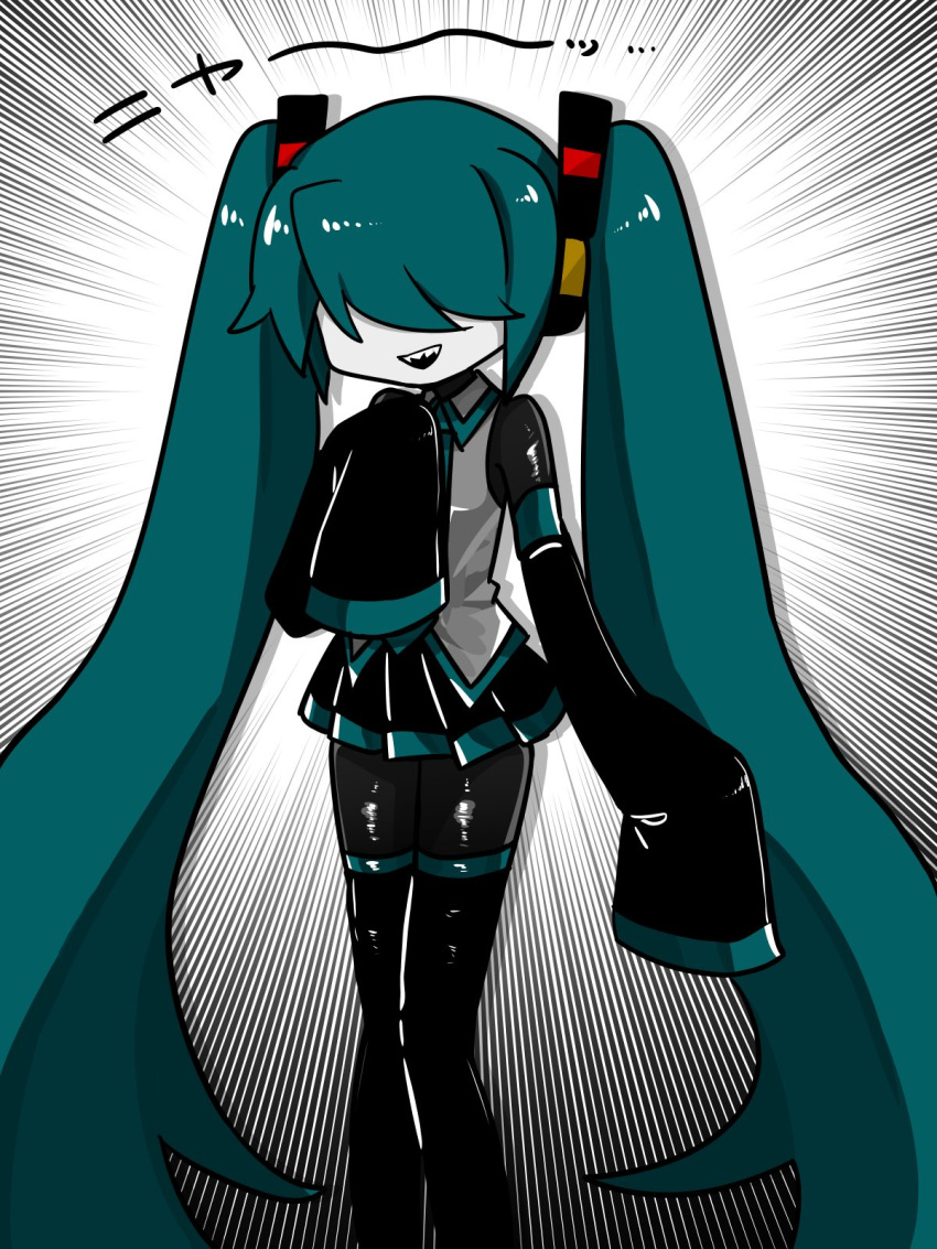 1girl aqua_hair black_bodysuit black_skirt black_sleeves black_thighhighs bodysuit bodysuit_under_clothes collared_shirt colored_skin covered_eyes detached_sleeves drop_shadow emphasis_lines feet_out_of_frame grey_shirt grey_skin hair_ornament hair_over_eyes hand_up hatsune_miku headphones highres kyomu_305 legs_together long_bangs long_hair long_sleeves mekakure_miku_(homma_nuruneko) miniskirt open_mouth pleated_skirt sharp_teeth shirt skirt sleeveless sleeveless_shirt sleeves_past_fingers sleeves_past_wrists smile solo standing teeth thigh-highs twintails very_long_hair vocaloid white_background