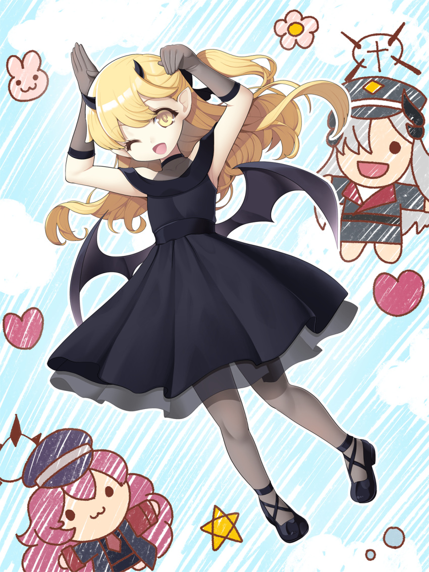 3girls :3 :d ;d arms_up bare_shoulders black_dress black_footwear black_headwear black_wings blonde_hair blue_archive commentary_request covered_collarbone demon_girl demon_horns demon_wings dress elbow_gloves flower gloves grey_gloves grey_hair grey_pantyhose hair_ornament hat heart highres horns ibuki_(blue_archive) ibuki_(dress)_(blue_archive) iroha_(blue_archive) koflif low_wings makoto_(blue_archive) multiple_girls one_eye_closed pantyhose peaked_cap pleated_dress redhead shoes smile solid_circle_eyes star_(symbol) wings yellow_eyes