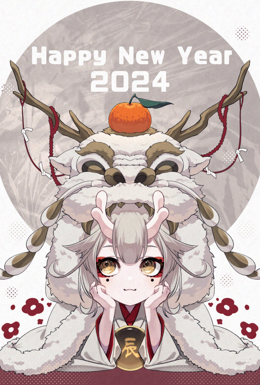 1girl :3 antlers brown_background brown_eyes circle closed_mouth dragon_girl eyeliner food food_on_head fruit fruit_on_head full_body hair_between_eyes hands_on_own_cheeks hands_on_own_face head_rest highres horns light_brown_hair long_hair long_sleeves looking_at_viewer lying makeup multicolored_background object_on_head on_stomach orange_(fruit) original polka_dot polka_dot_background red_eyeliner skin-covered_horns solo wide_sleeves yukisiro_390
