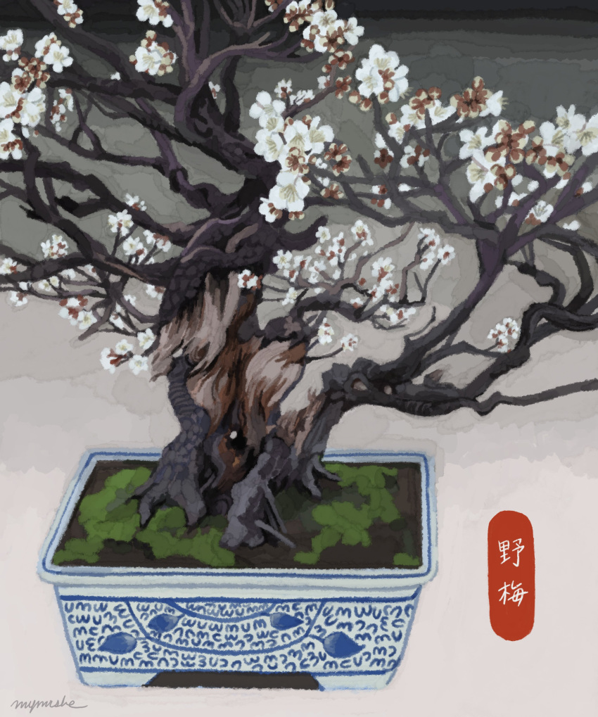 absurdres bonsai commentary_request flower flower_pot highres miyamori_she no_humans original plant plant_focus potted_plant signature still_life translation_request white_flower