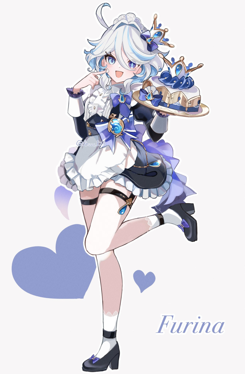 1girl ahoge alternate_costume apron black_dress black_footwear blue_eyes blue_hair cake chaena_(exmd3552) character_name crown dress drop-shaped_pupils enmaided food full_body furina_(genshin_impact) genshin_impact hair_between_eyes heart heterochromia high_heels highres holding holding_plate light_blue_hair long_hair long_sleeves looking_at_viewer maid maid_apron maid_headdress mini_crown mismatched_pupils open_mouth plate simple_background smile socks standing standing_on_one_leg thigh_strap vision_(genshin_impact) white_apron white_background white_socks