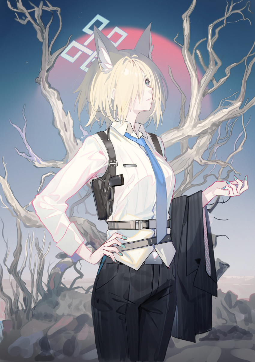 1girl animal_ear_fluff animal_ears aqua_nails bare_tree belt blue_archive blue_necktie closed_mouth collared_shirt cowboy_shot dog_ears echj extra_ears gun hair_over_one_eye halo hand_on_own_hip handgun highres holding holding_clothes holding_jacket holster jacket kanna_(blue_archive) long_sleeves looking_up multiple_belts nail_polish necktie pant_suit pants shirt short_hair shoulder_holster solo suit tree untucked_shirt weapon