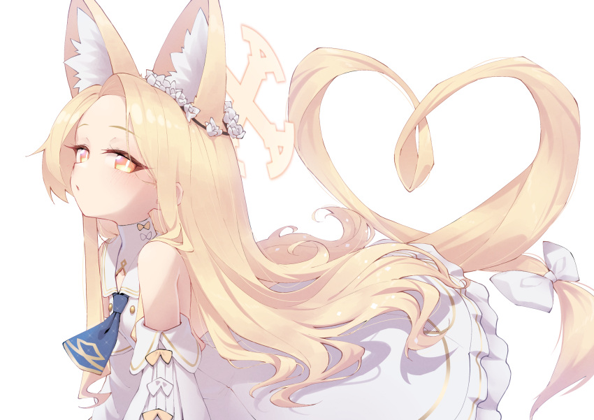 1girl animal_ear_fluff animal_ears ascot bare_shoulders blonde_hair blue_archive blue_ascot commentary_request detached_sleeves dress extra_ears forehead fox_ears fox_girl highres long_hair n4gare_b0shi orange_eyes parted_bangs parted_lips seia_(blue_archive) simple_background solo white_background white_dress white_sleeves