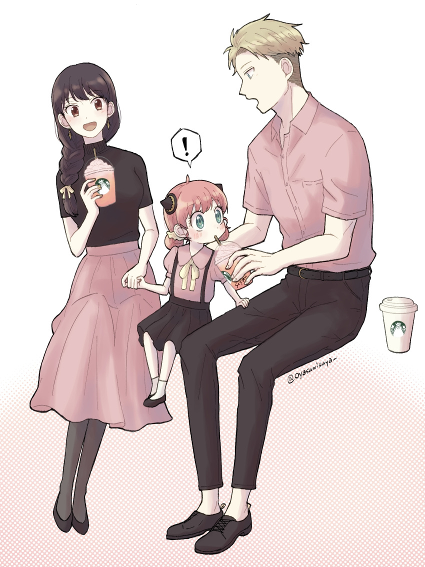! 1boy 2girls :d ahoge alternate_costume alternate_hairstyle anya_(spy_x_family) black_hair black_pants black_shirt black_skirt blonde_hair blue_eyes blush braid braided_ponytail brand_name_imitation casual commentary_request couple cup disposable_cup dress_shirt drinking family father_and_daughter full_body green_eyes hair_ribbon hand_on_another's_leg happy hetero highres holding holding_cup holding_hands long_hair looking_at_another medium_hair mother_and_daughter multiple_girls open_mouth oyasumisuya pants pink_hair pink_shirt pink_skirt pleated_skirt polka_dot polka_dot_background profile red_eyes ribbon shirt short_hair short_sleeves simple_background sitting skirt smile speech_bubble spoken_exclamation_mark spy_x_family surprised suspender_skirt suspenders twilight_(spy_x_family) twitter_username white_background wide-eyed yellow_ribbon yor_briar