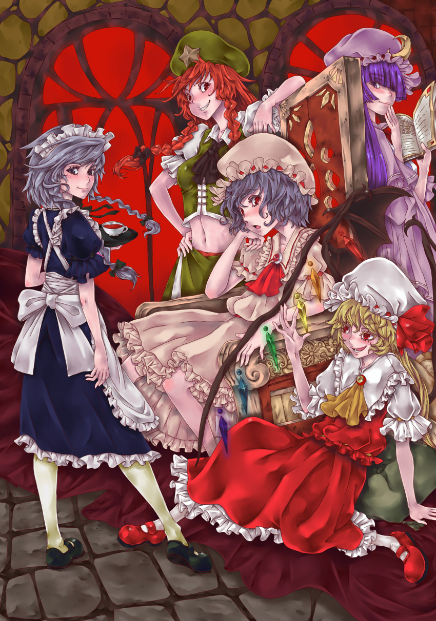 5girls apron arm_support ascot back_bow bat_wings beret black_footwear blonde_hair blue_shirt blue_skirt book bow breasts closed_mouth collared_shirt crescent crescent_hat_ornament crystal cup dress embodiment_of_scarlet_devil flandre_scarlet frilled_apron frilled_shirt_collar frilled_skirt frills from_side full_body green_headwear green_skirt green_vest grey_hair hand_on_own_hip hat hat_ornament hat_ribbon head_tilt highres holding holding_book holding_plate hong_meiling howard92718 izayoi_sakuya leaning_on_object looking_at_viewer maid maid_apron maid_headdress mary_janes midriff mob_cap multicolored_wings multiple_girls navel open_book open_mouth patchouli_knowledge pink_dress pink_headwear plate puffy_short_sleeves puffy_sleeves purple_hair red_eyes red_footwear red_ribbon red_skirt red_vest redhead remilia_scarlet ribbon shirt shoes short_sleeves sitting skirt small_breasts standing star_(symbol) star_hat_ornament teacup teeth touhou vest white_apron white_bow white_headwear white_shirt wings yellow_ascot