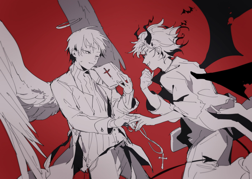 2boys atou_haruki bible_(object) book chinese_commentary closed_mouth commentary_request demon_boy demon_tail demon_wings feathered_wings glasses greyscale_with_colored_background highres holding holding_book horns jacket kanou_aogu leg_up long_sleeves male_focus multiple_boys one_eye_closed open_clothes open_jacket pants red_background ribbed_sweater saibou_shinkyoku simple_background single_wing smile sweat sweater tail turtleneck turtleneck_sweater wings xiao228