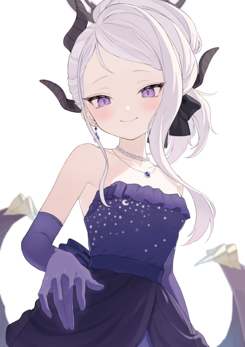 1girl black_horns black_wings blue_archive blush closed_mouth demon_horns demon_wings dress elbow_gloves gloves grey_hair highres hina_(blue_archive) hina_(dress)_(blue_archive) horns jewelry kiina_(mrnsor) long_hair looking_at_viewer multiple_horns necklace pendant purple_dress purple_gloves simple_background smile solo strapless strapless_dress violet_eyes white_background wings